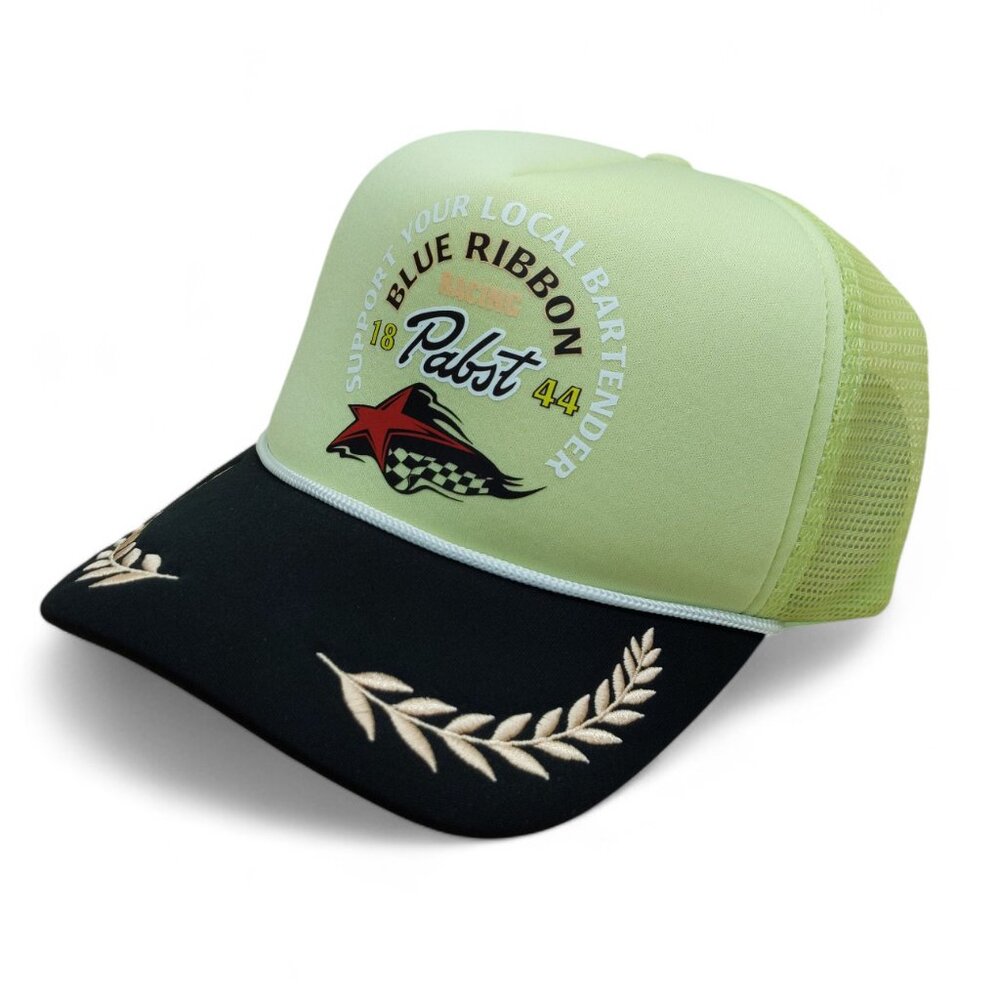 NWT Pabst Blue Ribbon Beer Racing Captain Hat, Men's Green Snapback Trucker Cap